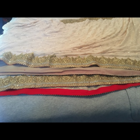 Sharara top and dupatta in cream and red with gold embroidery and beading.Size 8 - Picture 6 of 15